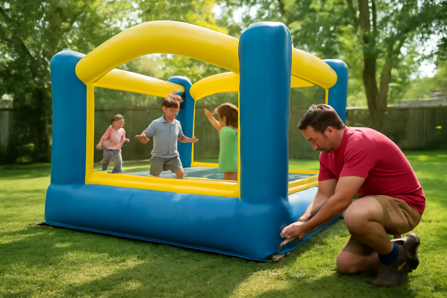 A bounce house with a state permit decal in a Birmingham backyard.