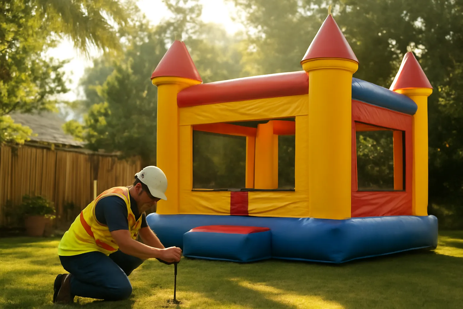 Worker staking a bounce house in a sunny California backyard during a party setup