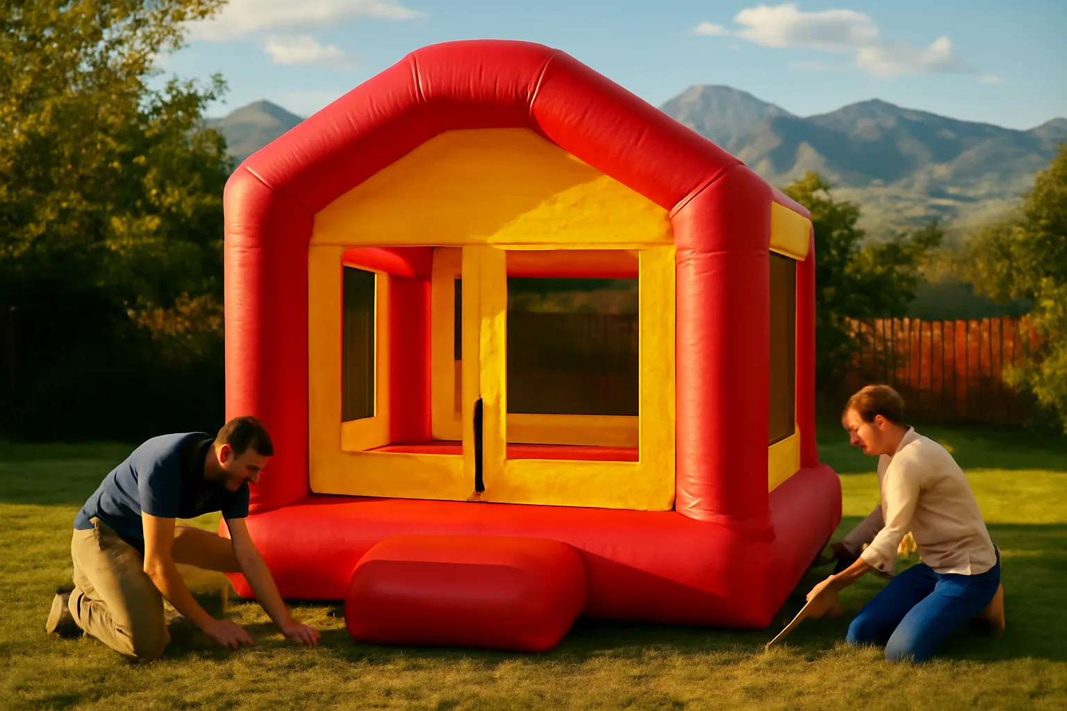 Bright red and yellow bounce house in Colorado backyard with mountains behind