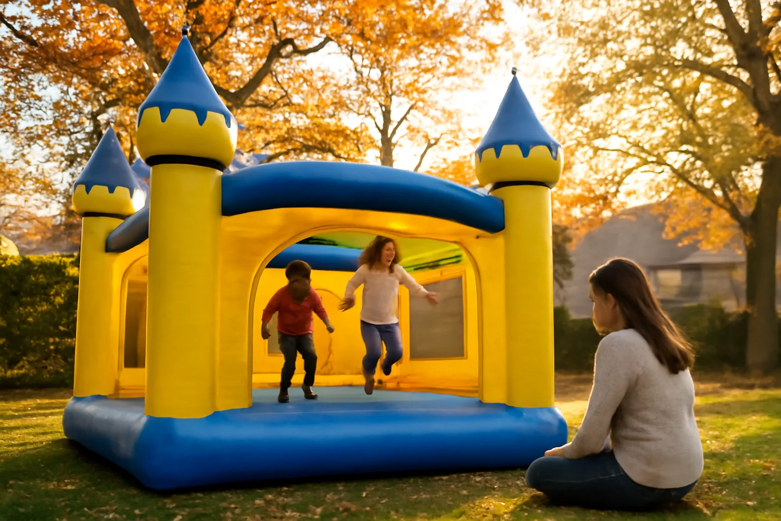 Bounce house rental set up in a Connecticut backyard during autumn