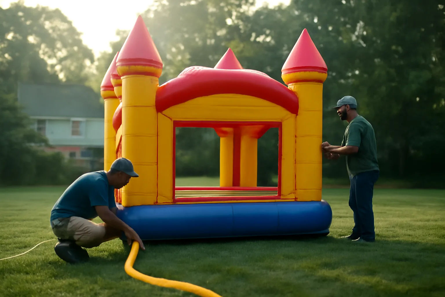 Crew staking a castle bounce house on a Delaware lawn at morning