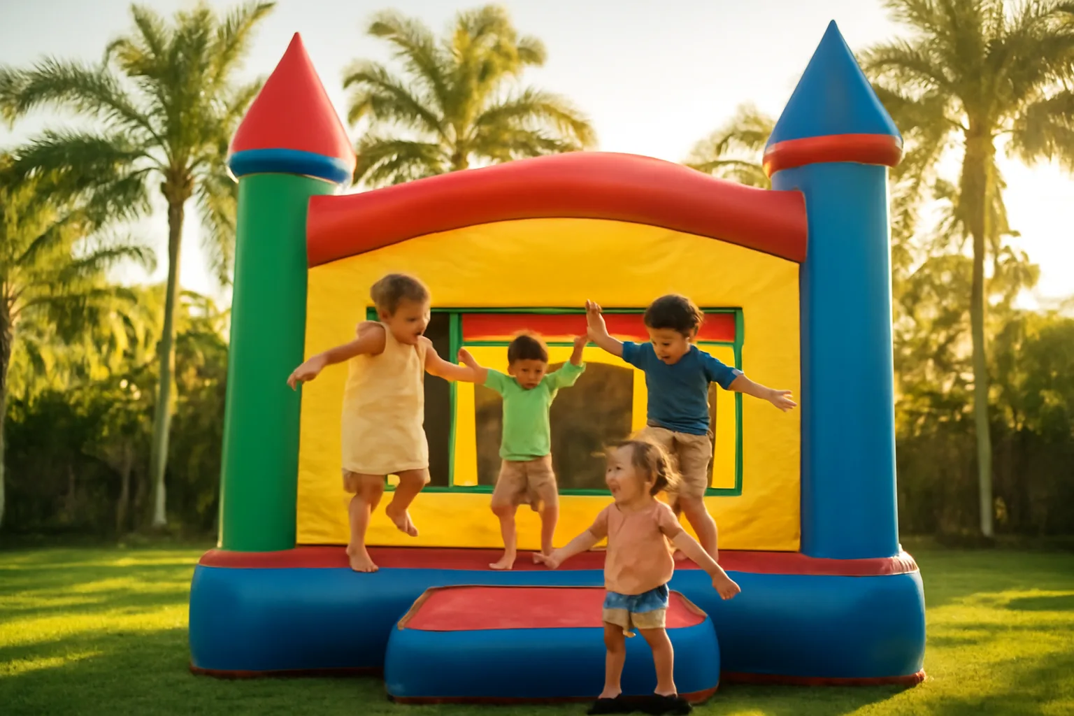 Bounce house rental in a Florida backyard with palm trees and kids playing