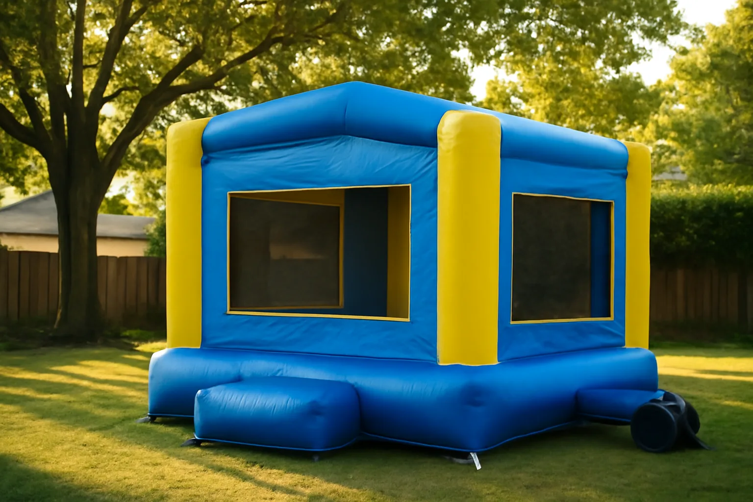 Inflated backyard bounce house staked on grass in afternoon light
