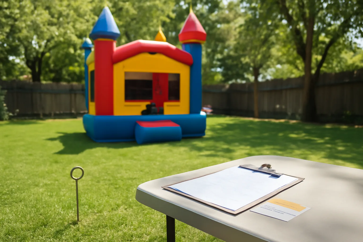 Bounce house ready for inspection with permit renewal paperwork on a table in an Alabama yard