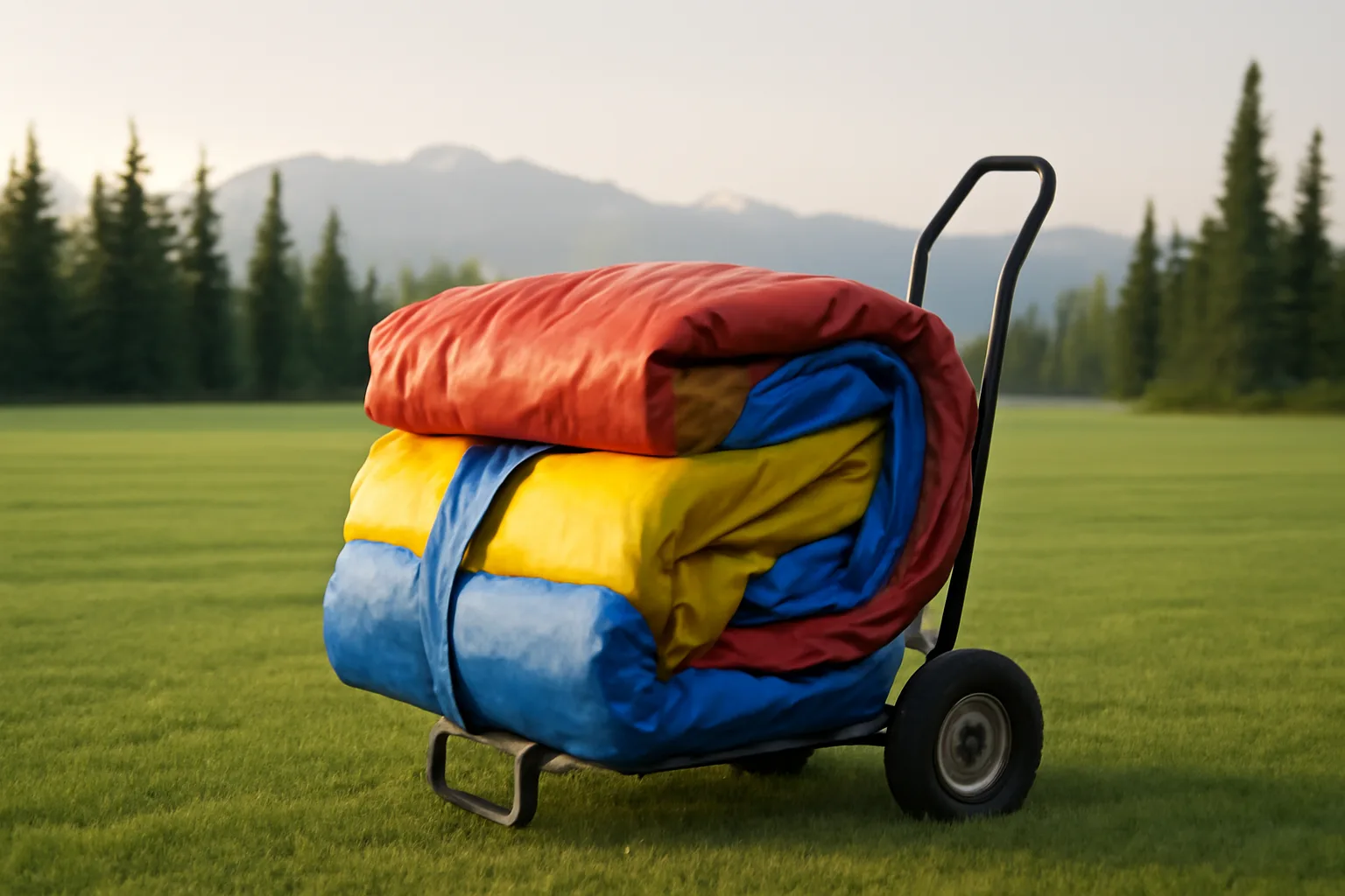 Folded commercial bounce house on a hand truck in an Alaska yard