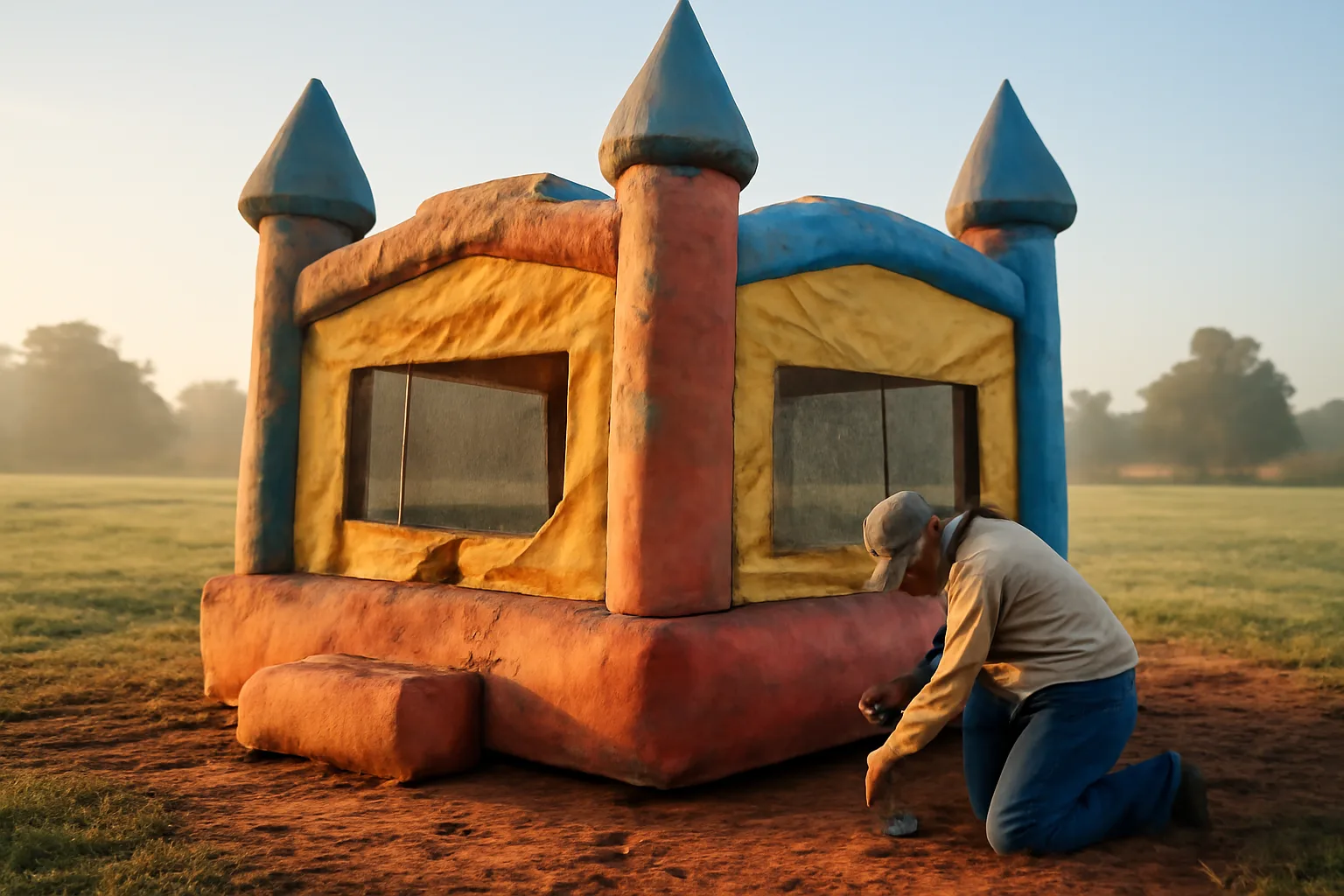 Inflatable bounce house being staked down on Arkansas grass for a rental renewal