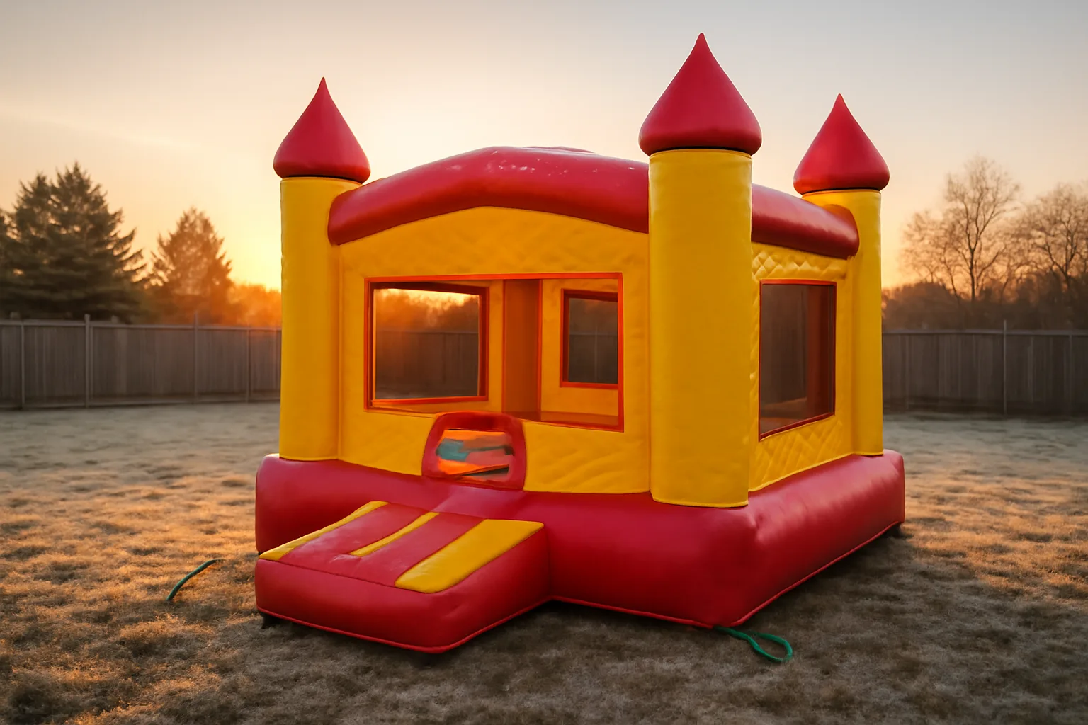 Commercial bounce house in a Colorado backyard at sunrise with frost on grass