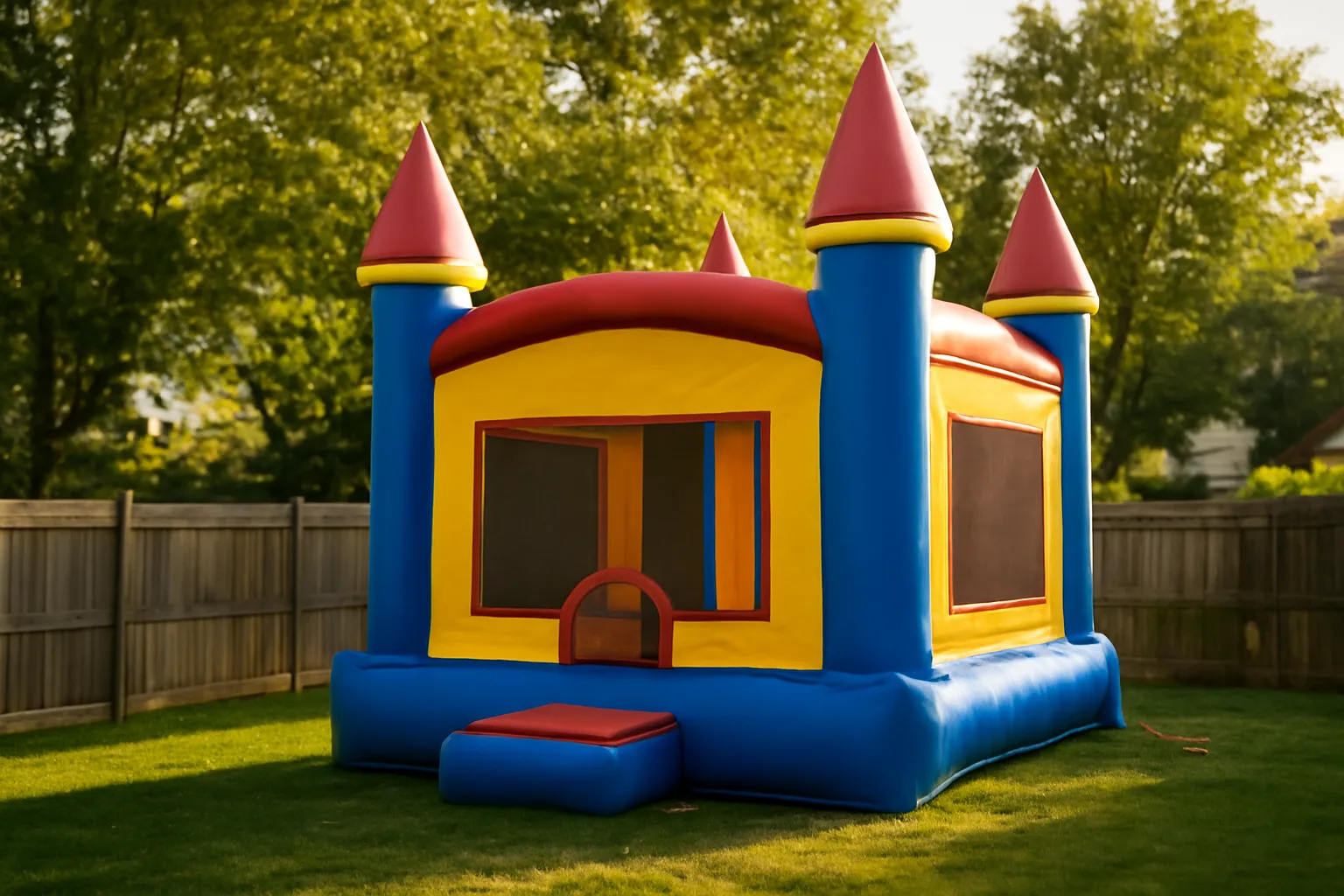 standard castle bounce house staked in a Delaware backyard with extension cords and grass