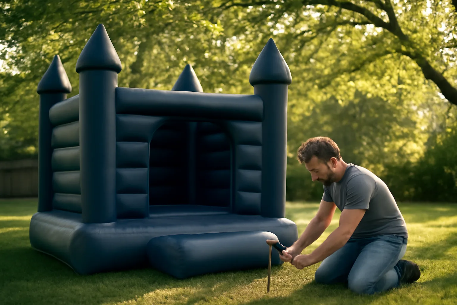 Man stakes a navy bounce house on a shaded backyard lawn