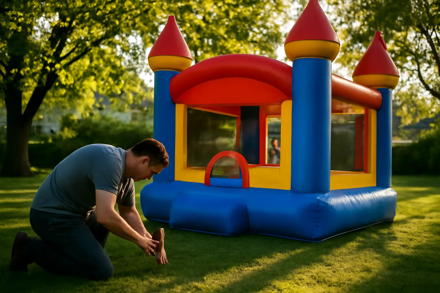 Person staking a bounce house rental castle on suburban grass