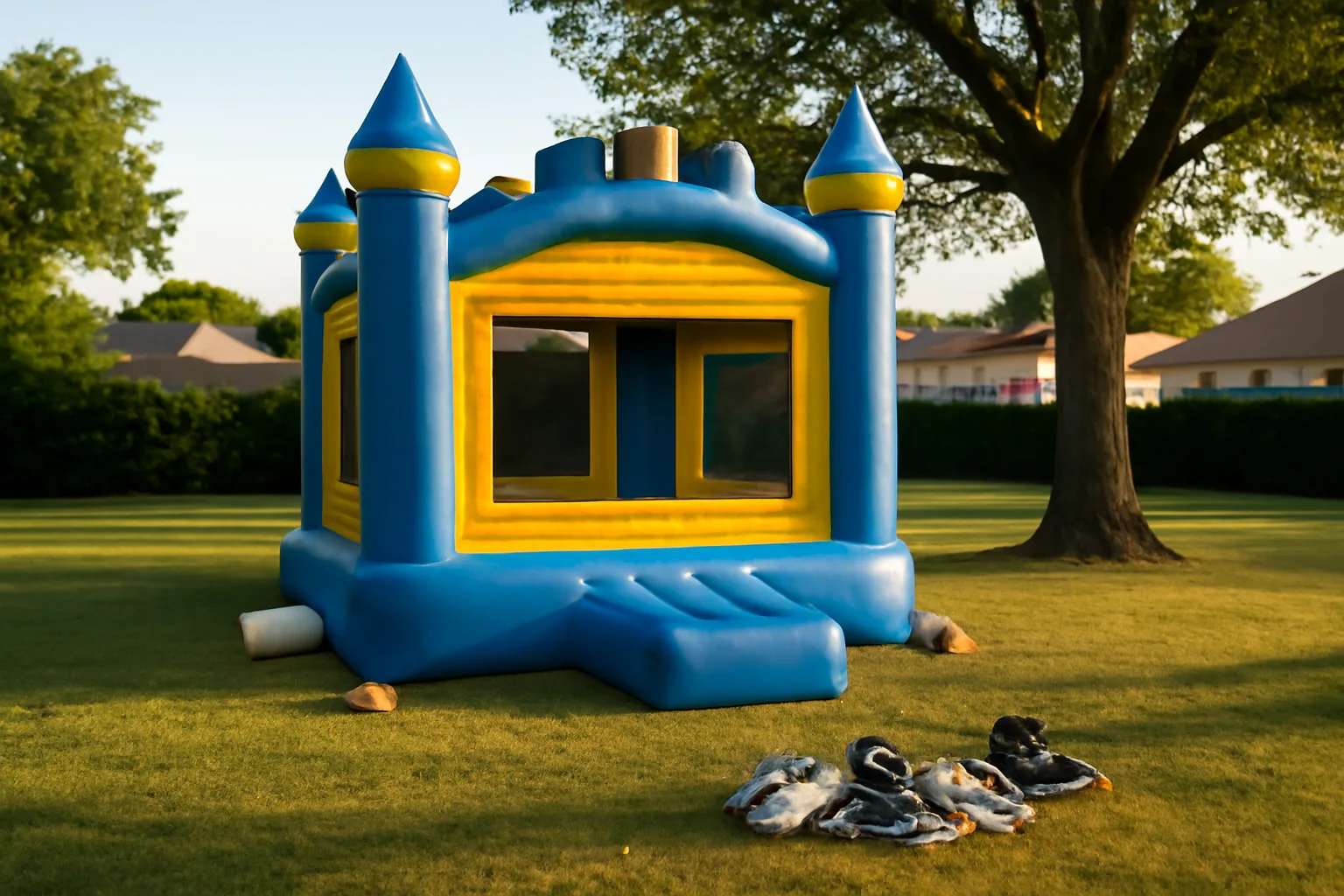 Blue inflatable bounce house on suburban grass in late afternoon light