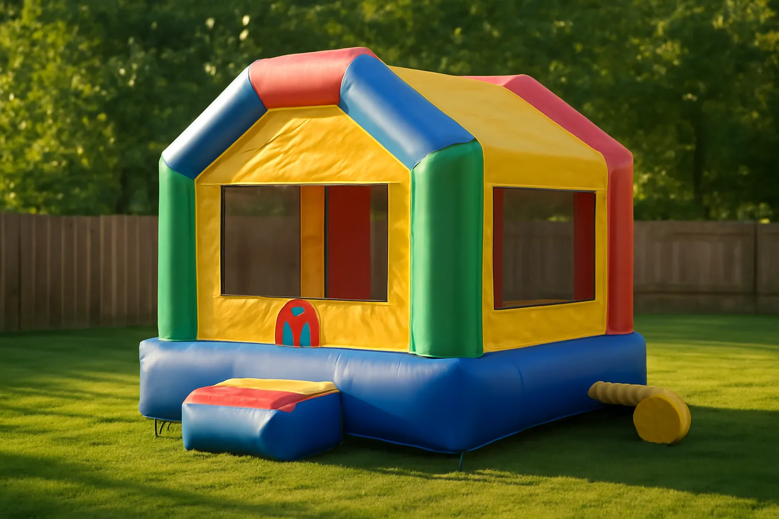 Inflated bounce house rental unit staked on a suburban lawn