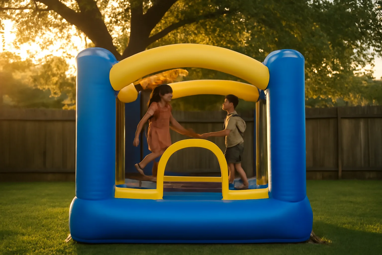 Unmarked inflatable bounce house rental in a suburban backyard