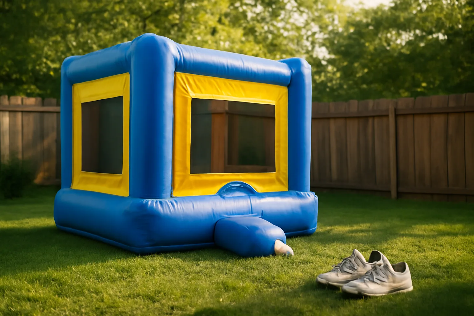 Blue and yellow backyard bounce house on grass in afternoon light