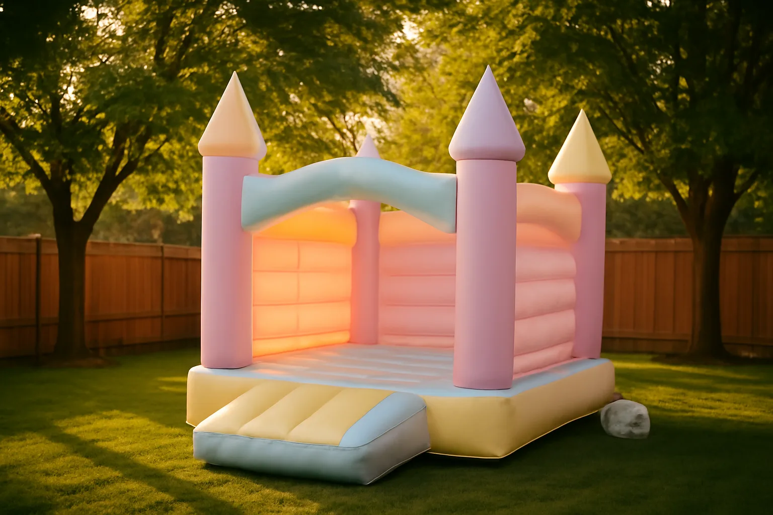 Unmarked bounce house rental inflatable on backyard grass at sunset