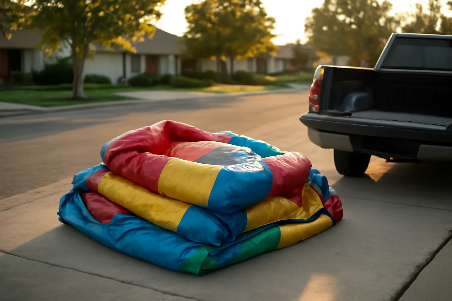 Folded bounce house rental unit on a suburban driveway at dusk
