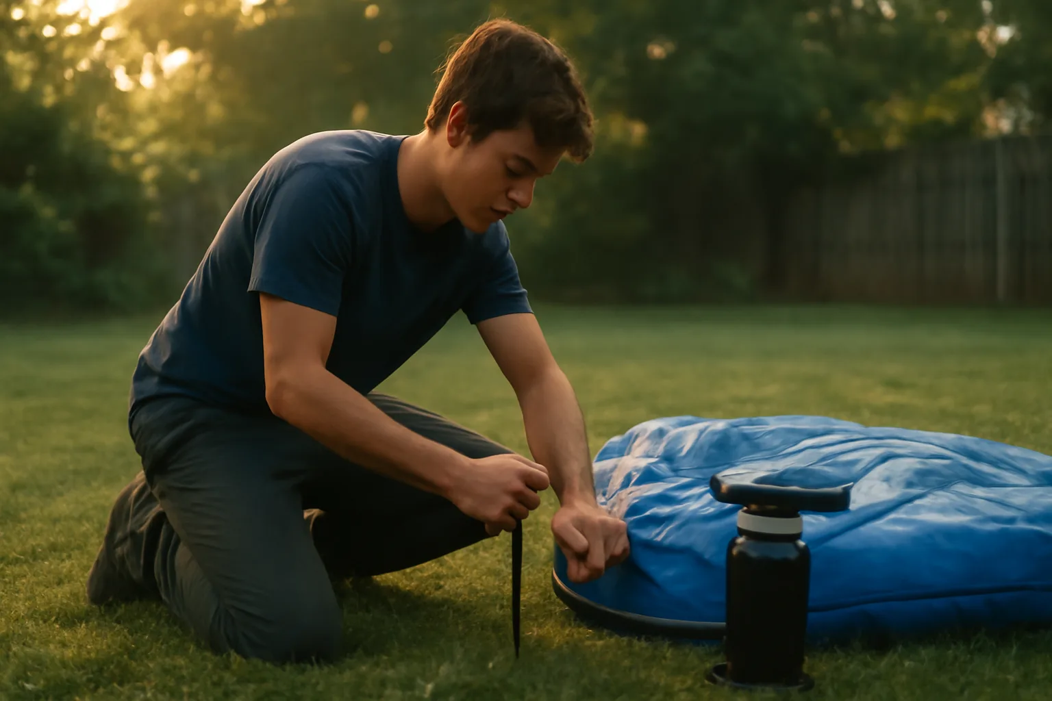 Operator staking a folded bounce house on wet backyard grass
