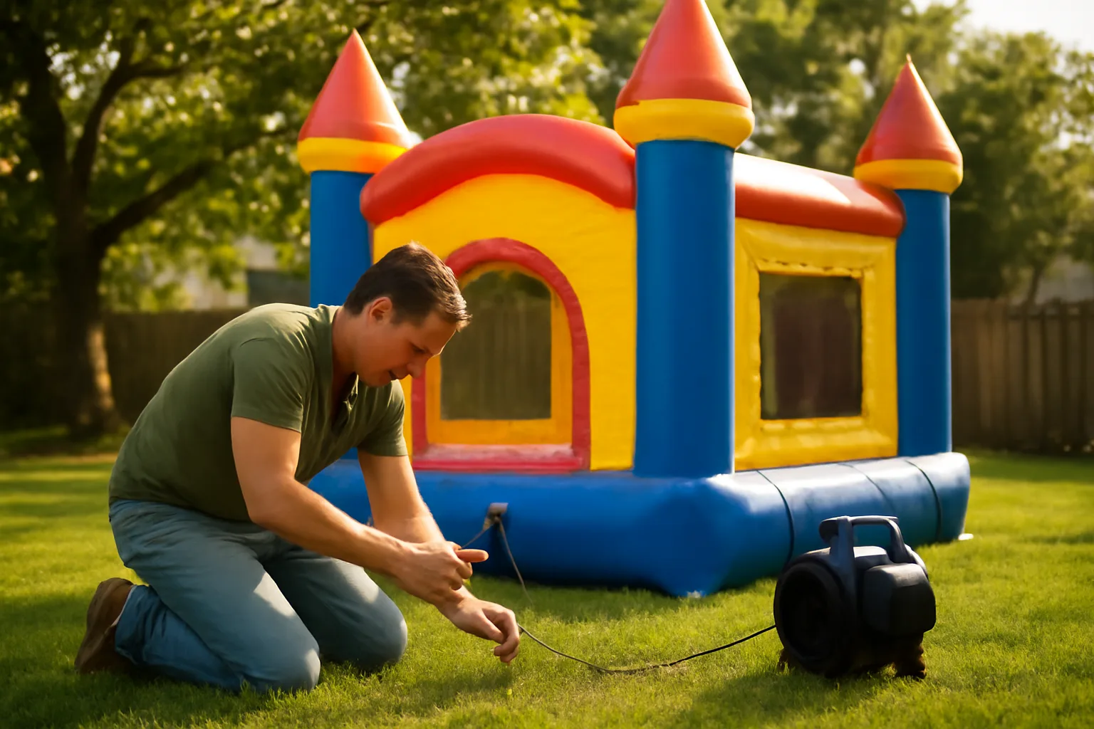 Adult staking a backyard bounce house on green grass
