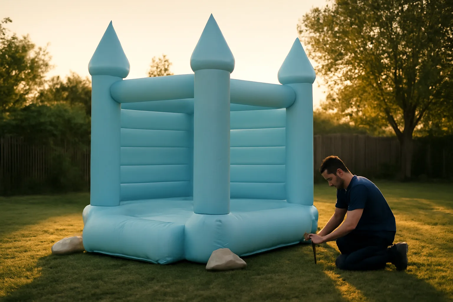 Man stakes a blue bounce house rental inflatable in a backyard