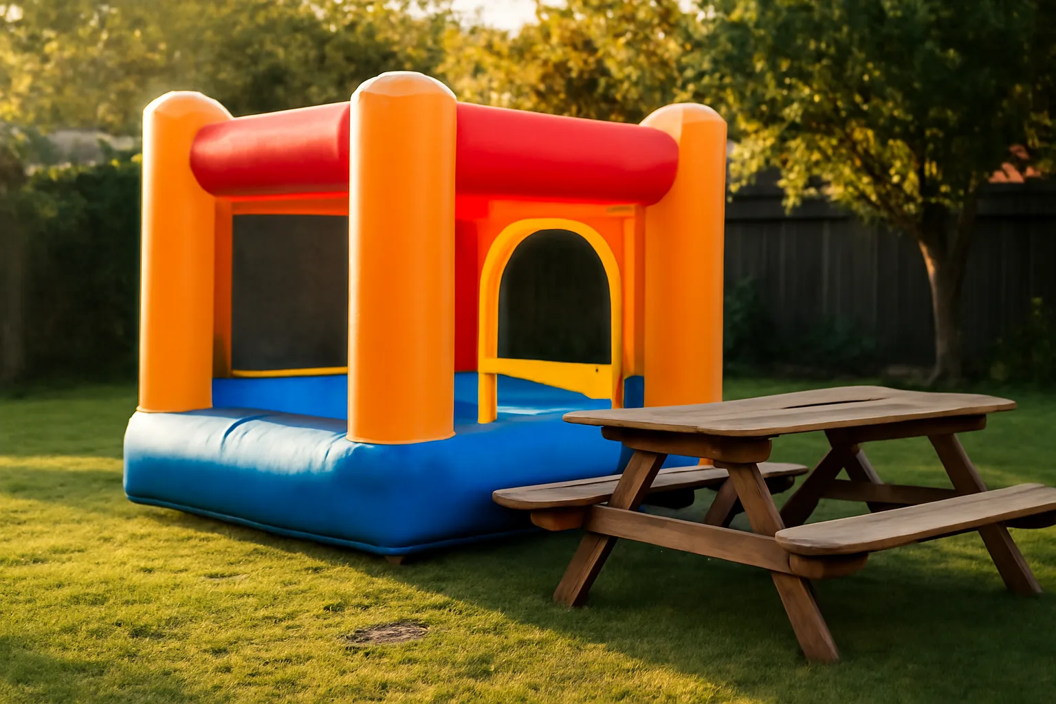 Unbranded bounce house on a suburban lawn in late light