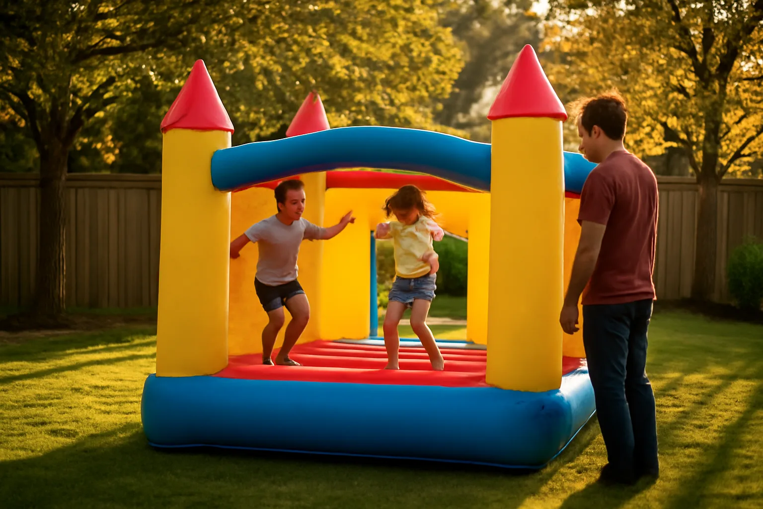 Kids jumping in a backyard bounce house rental unit