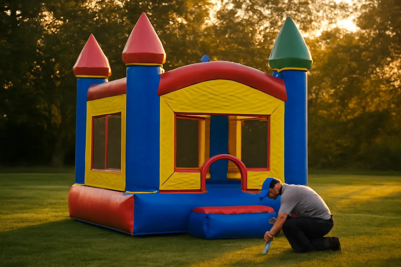 Worker staking an inflated backyard bounce house before a rental