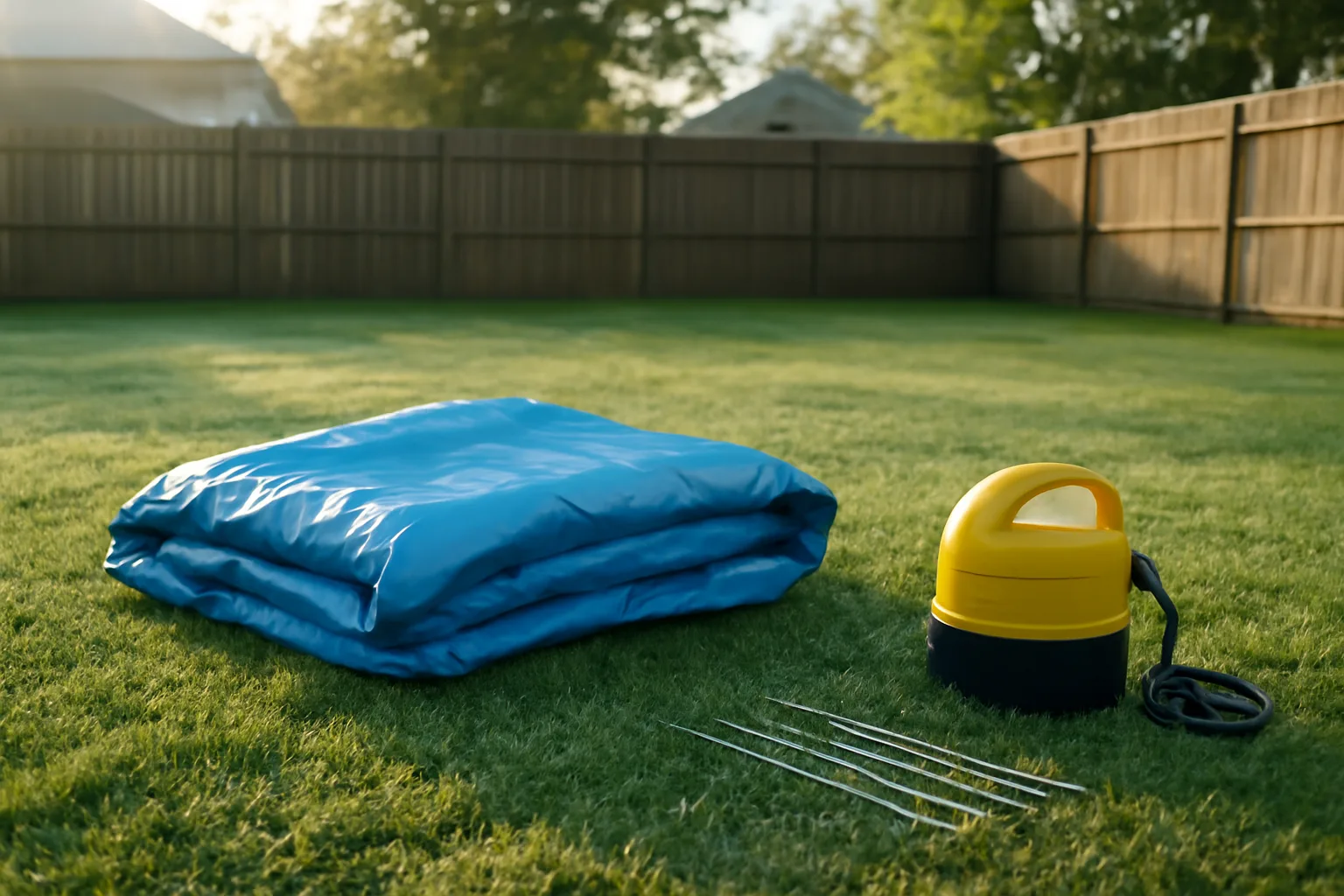 Folded bounce house and blower on a dewy backyard lawn