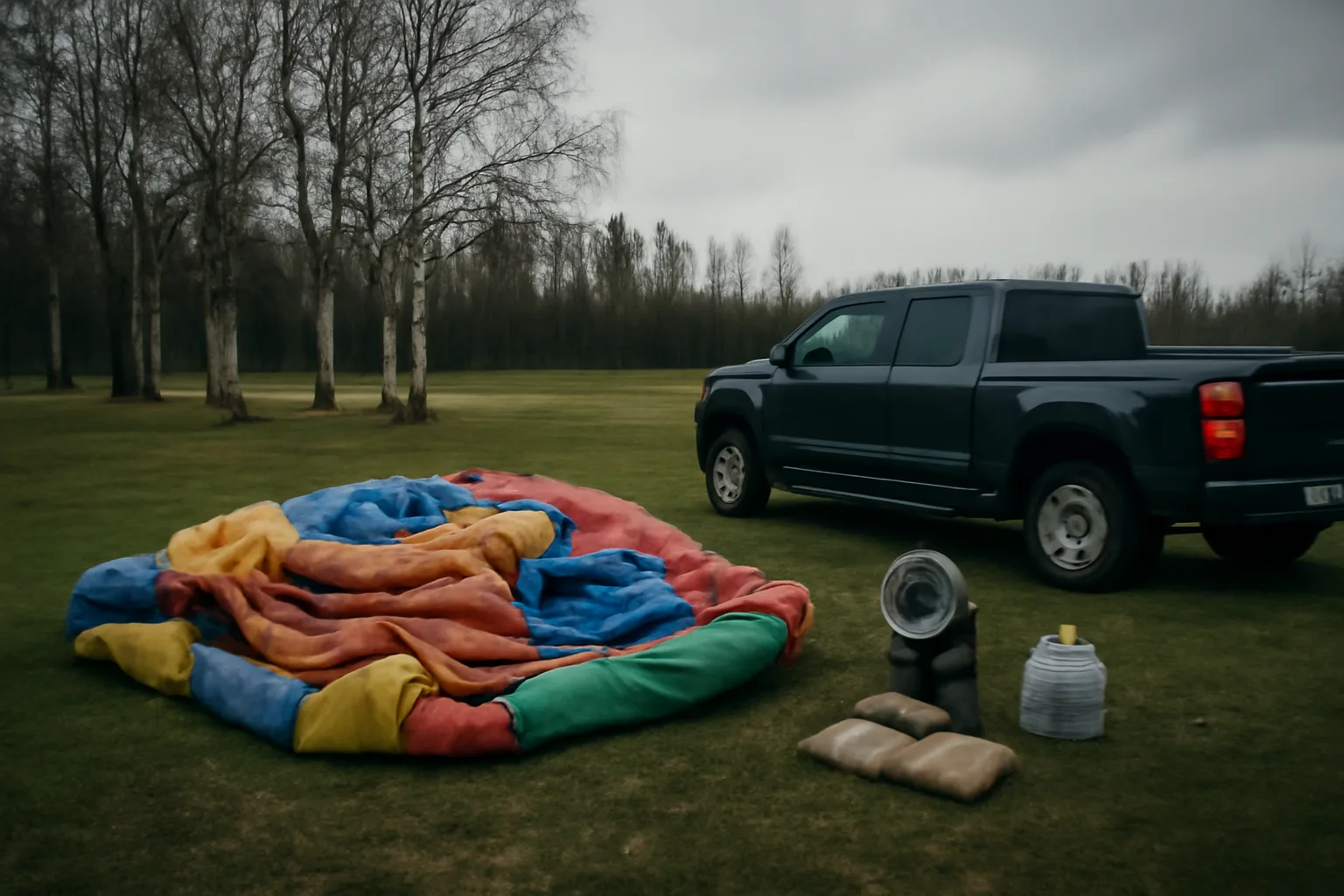 Deflated commercial bounce house on wet grass beside pickup truck in Anchorage park