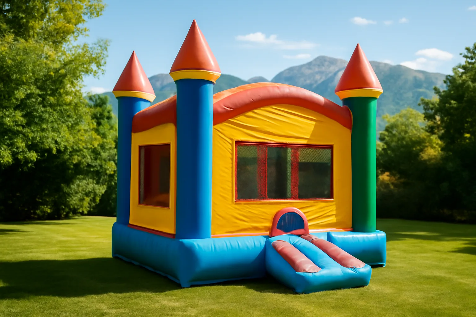 Inflated bounce house in a Utah backyard with mountains in the background