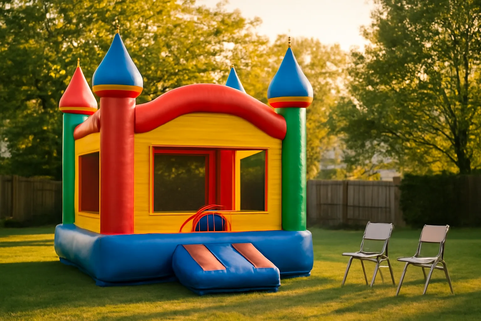 Inflated bounce house on a green lawn in a Virginia suburban backyard on a sunny afternoon