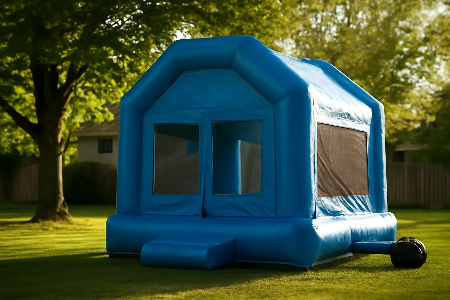 Staked backyard bounce house inflated on grass in late-day sun