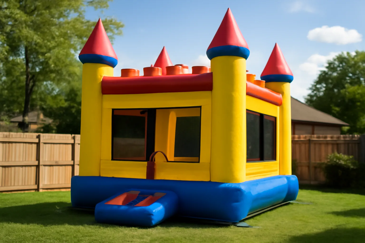 bounce house rental setup in a grassy Alabama backyard with commercial anchoring