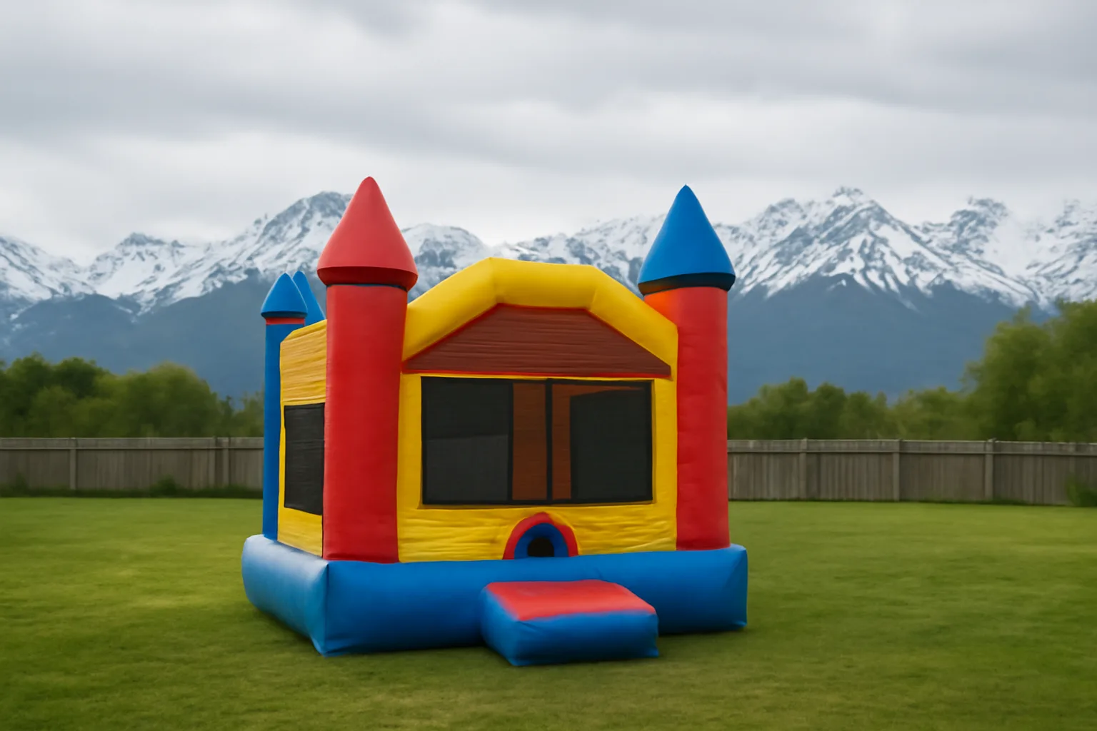 bounce house set up on a lawn in Alaska with snow-covered mountains behind