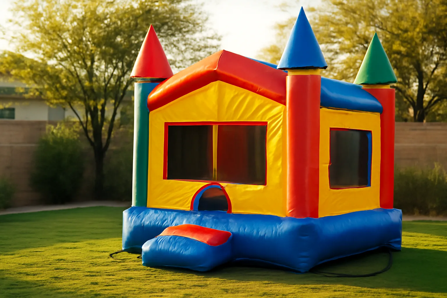 A closed-top bounce house set up in a shaded Arizona backyard with no people or text visible