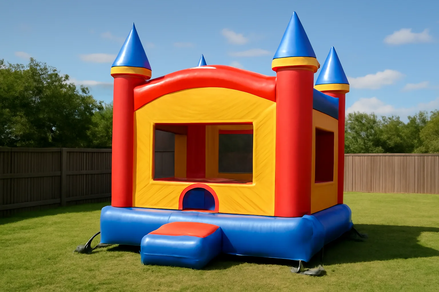 Commercial bounce house set up in Arkansas backyard, showing anchoring and permit sticker visible on side.