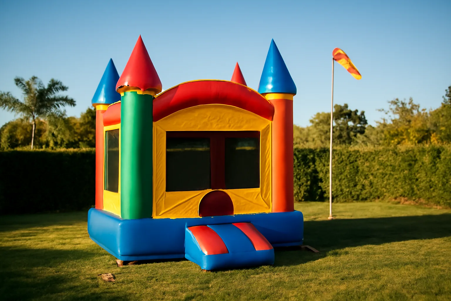 Anchored bounce house rental in California backyard, safe and compliant