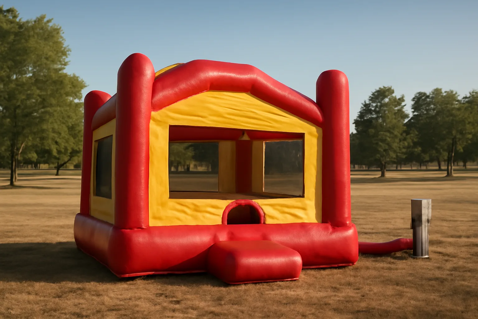 Red and yellow bounce house staked into dry Denver park grass near an outlet