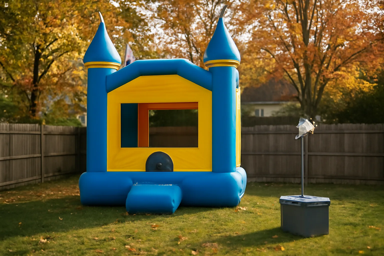 inflated bounce house in Connecticut backyard with stakes and blower visible