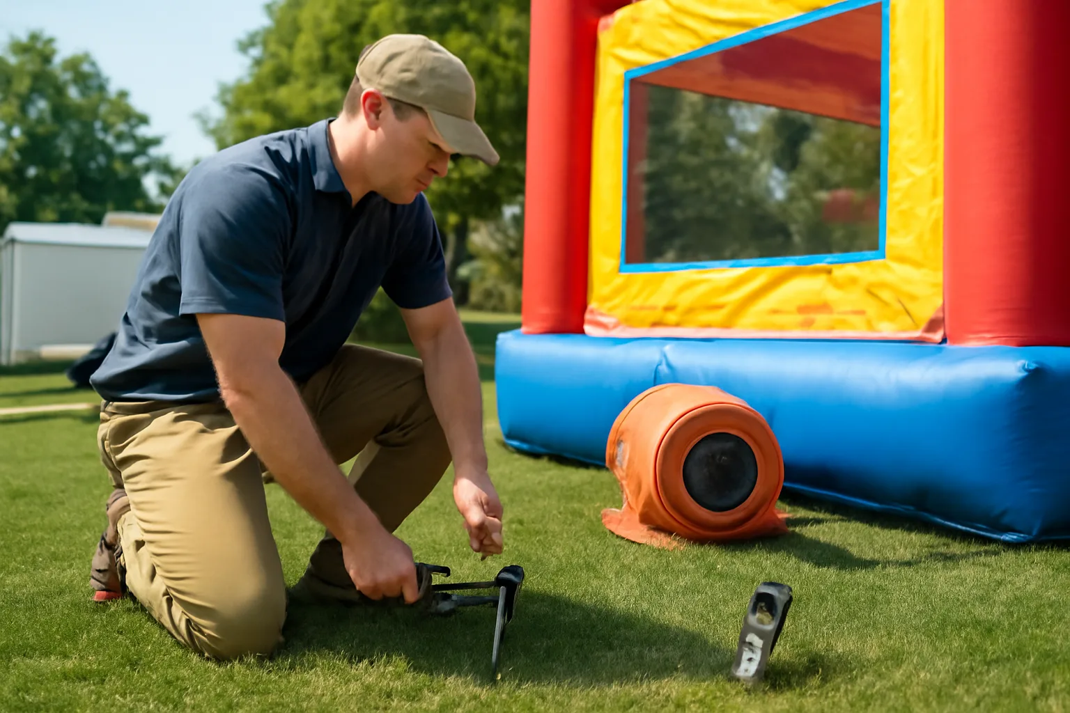 Operator securing bounce house anchors on a Delaware lawn with wind meter nearby