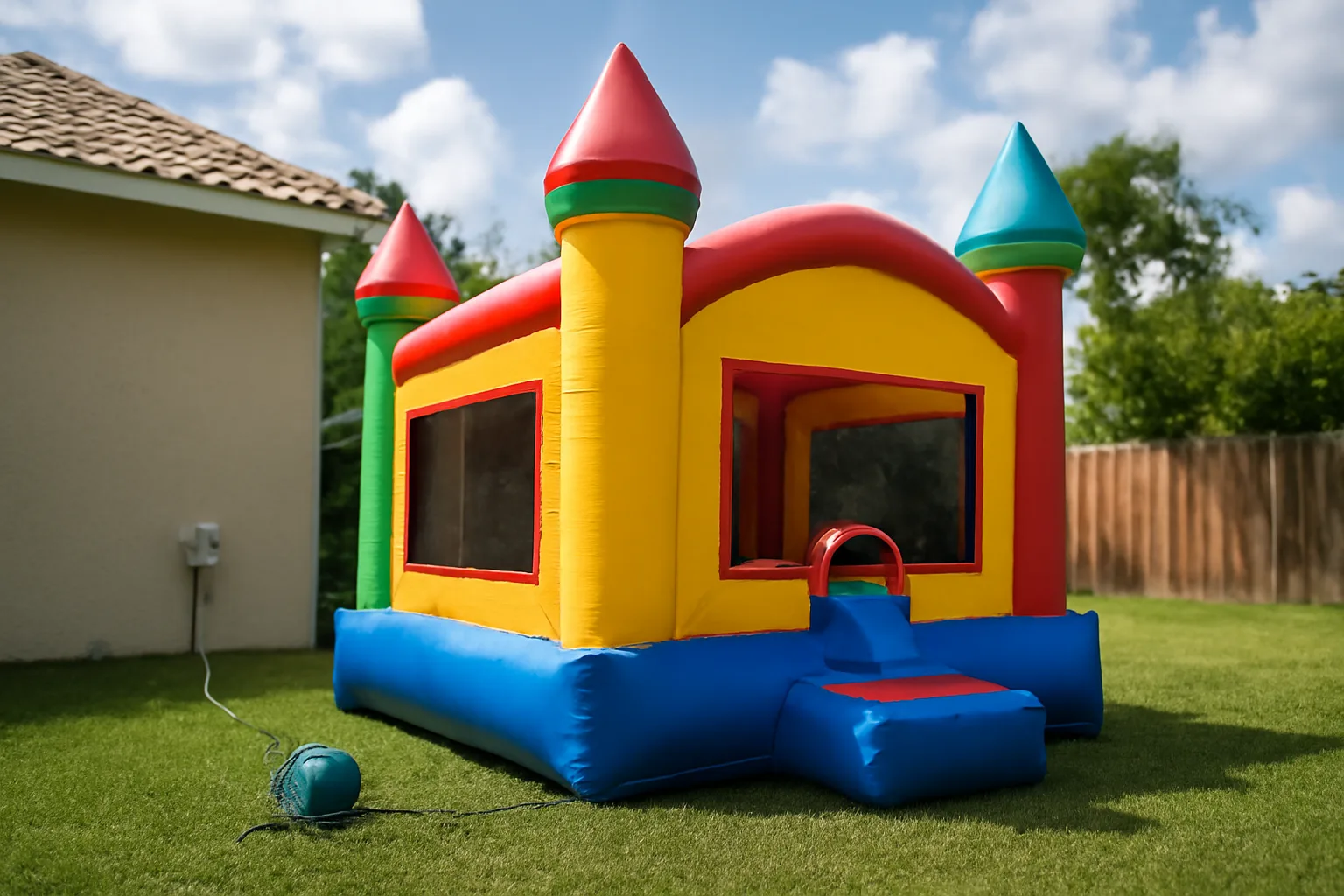Commercial bounce house staked in Florida backyard with blower connected to outdoor outlet