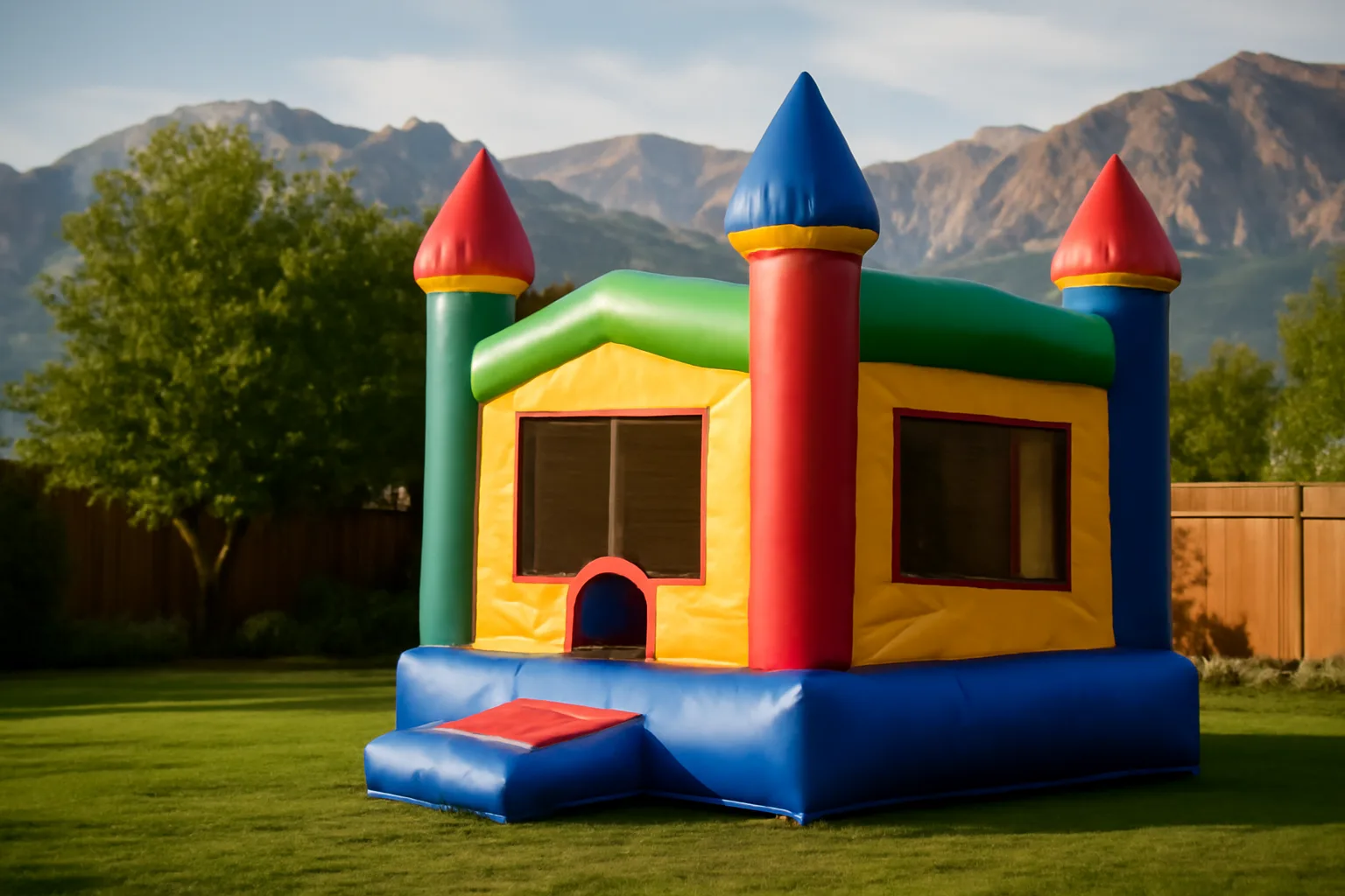 Colorful bounce house on a Utah backyard lawn with mountain backdrop