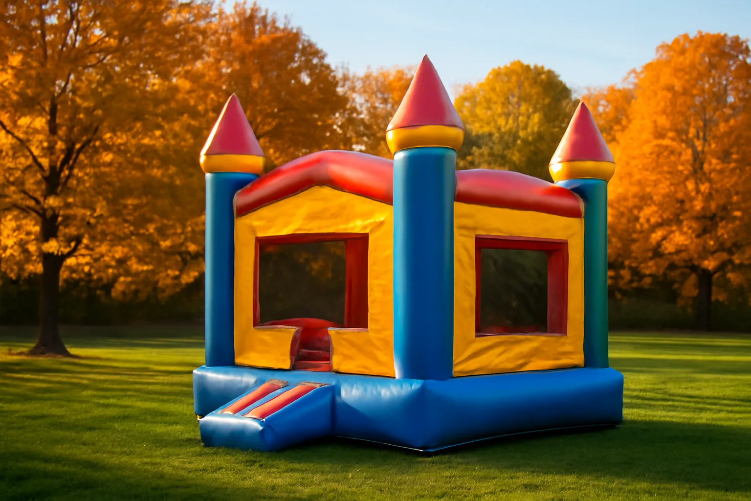Inflated bounce house on a green Vermont lawn with autumn maple trees behind it
