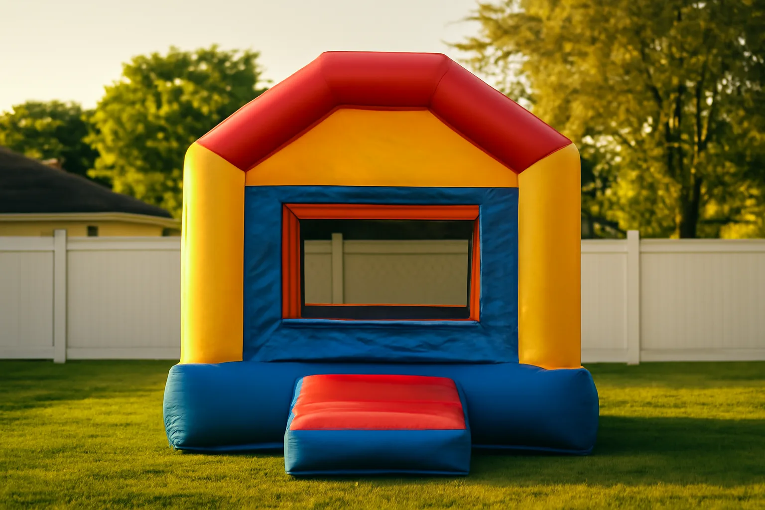 Inflated bounce house in a suburban Virginia backyard on a sunny afternoon