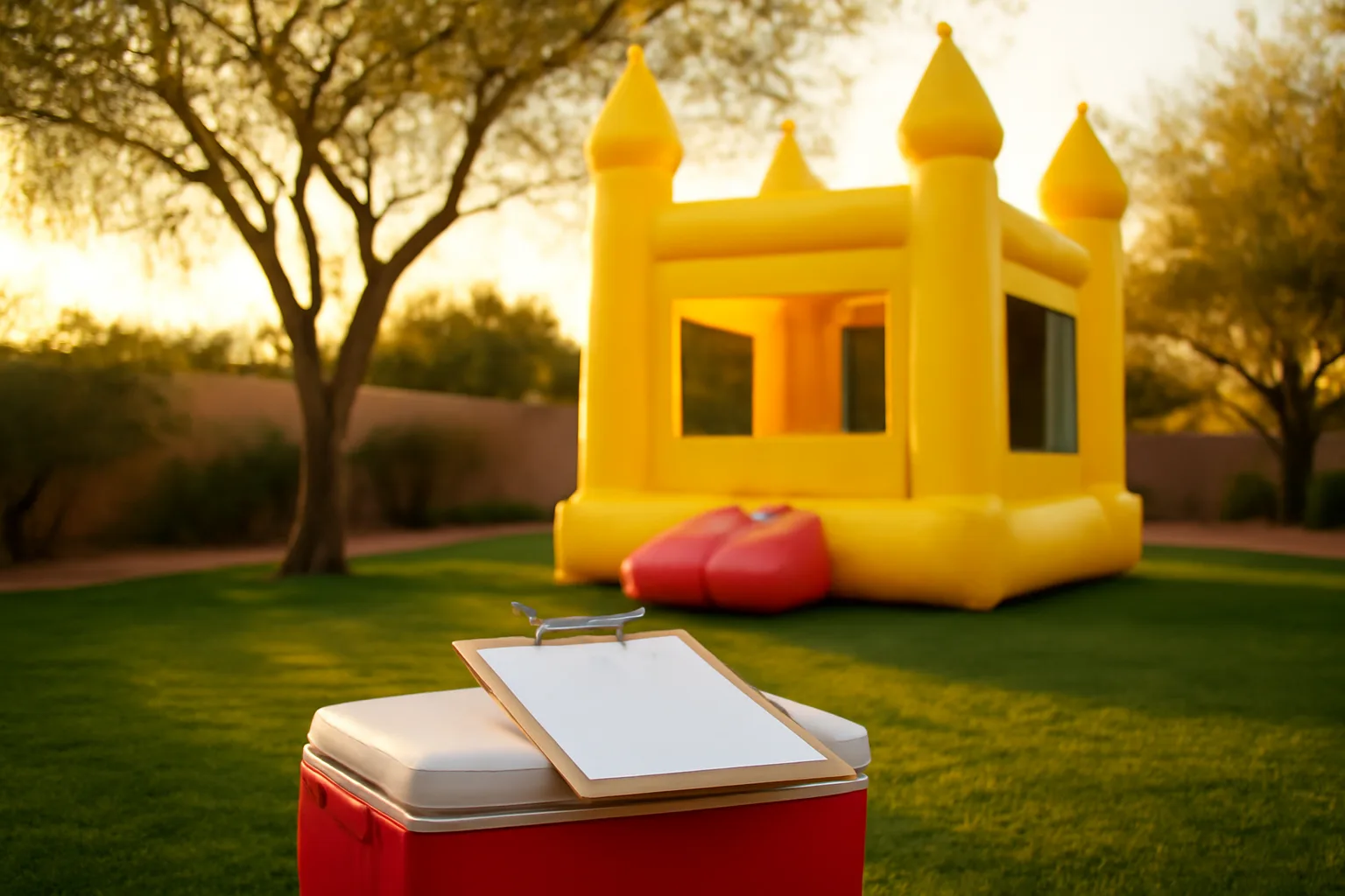 bounce house in sunny arizona backyard with checklist clipboard