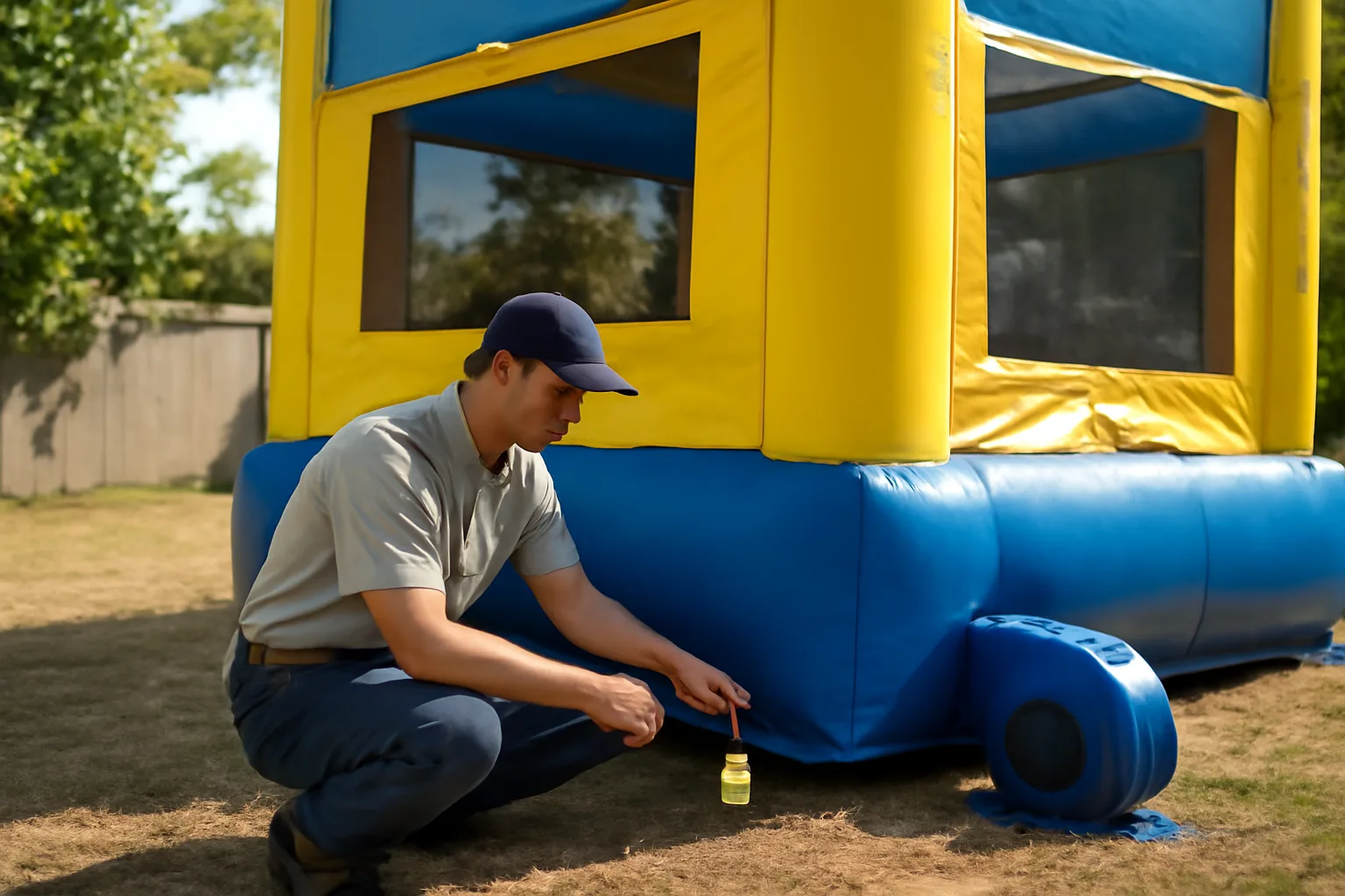 Operator checking a bounce house anchor point in a California backyard during permit renewal season