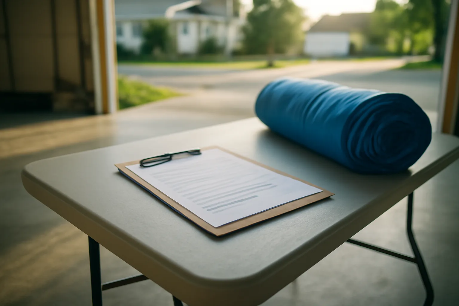 Delaware bounce house rental renewal paperwork on a table next to a deflated inflatable unit