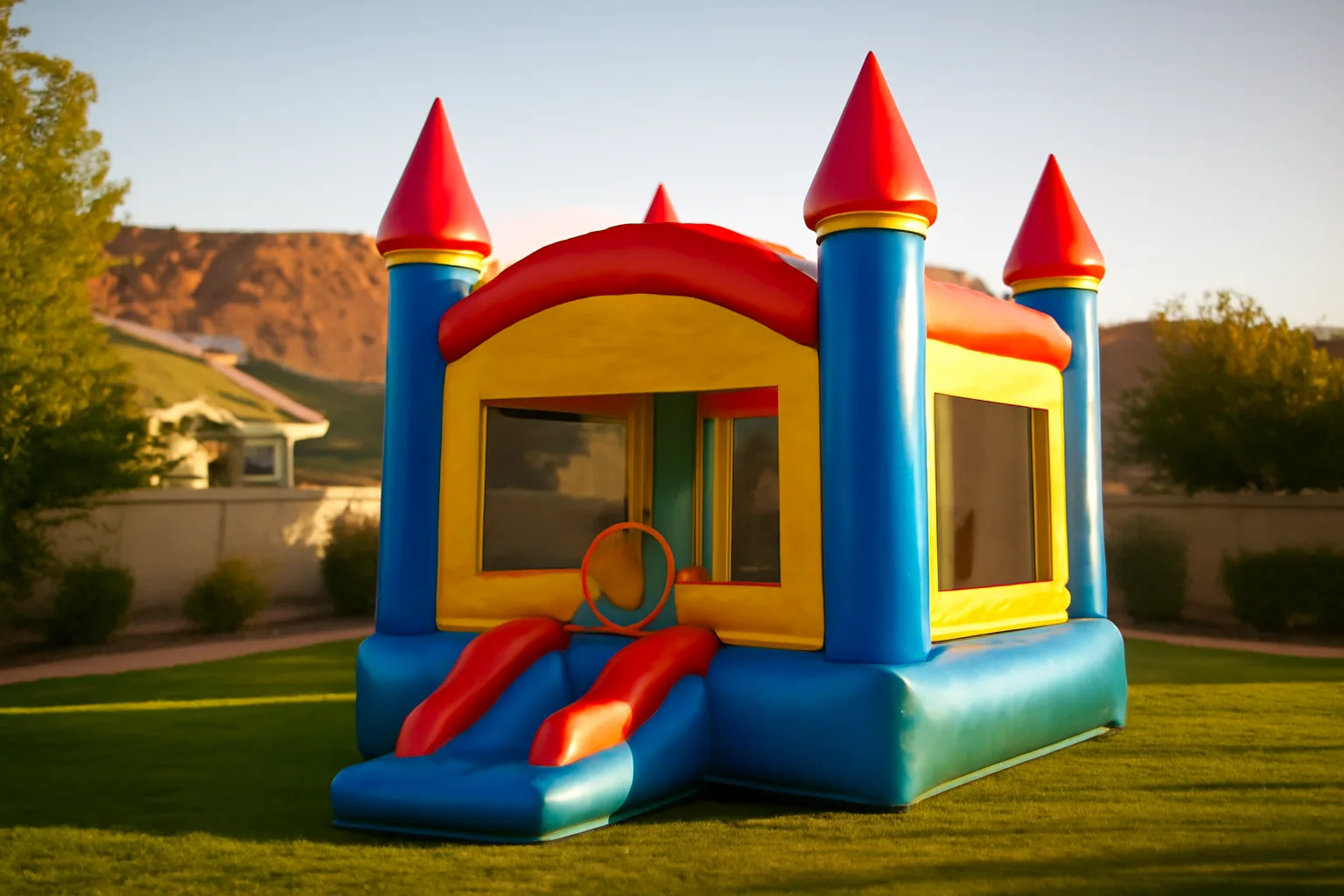 Inflated bounce house in a Utah backyard with red rock hills in the distance