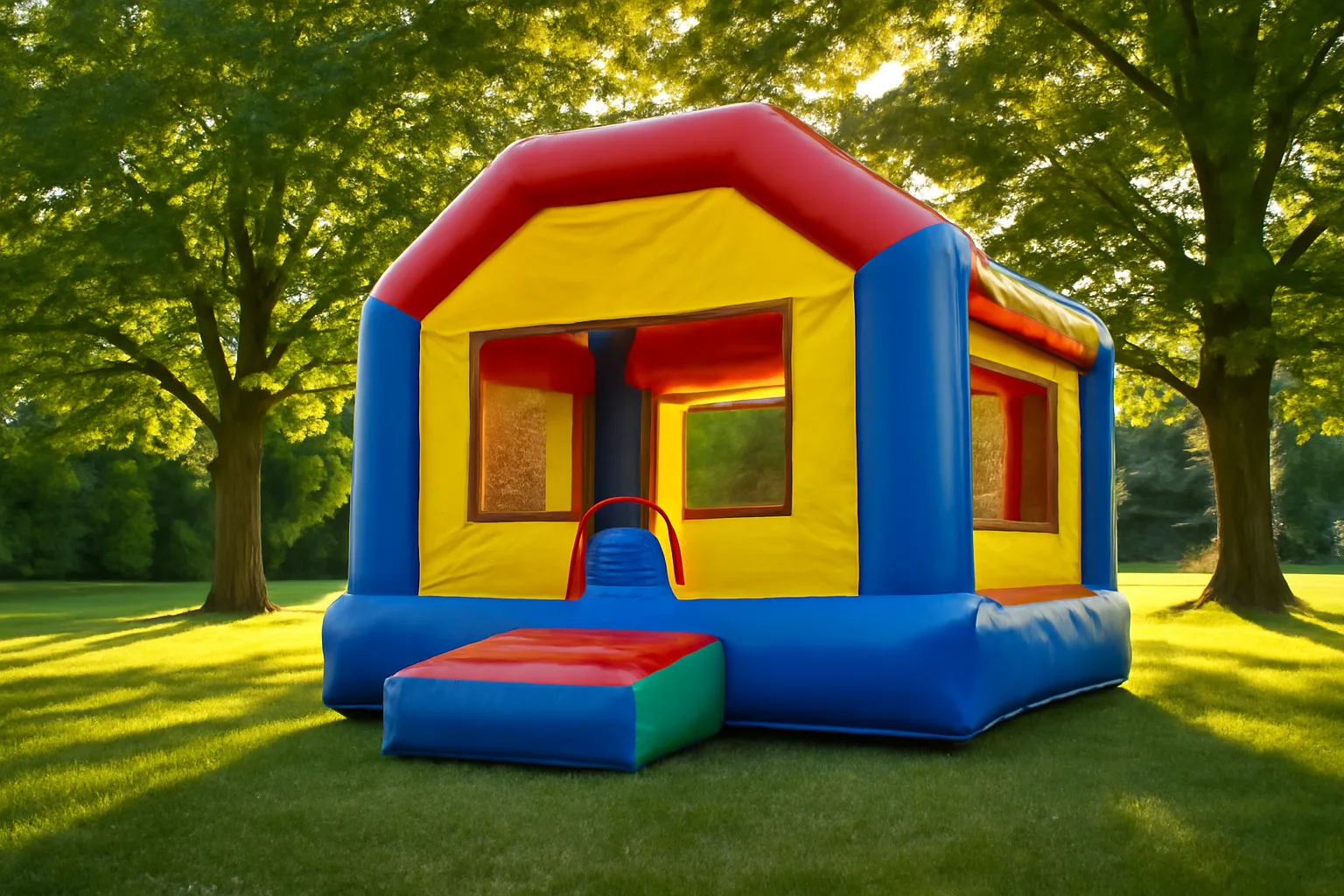 Inflated bounce house on a green Vermont lawn surrounded by maple trees