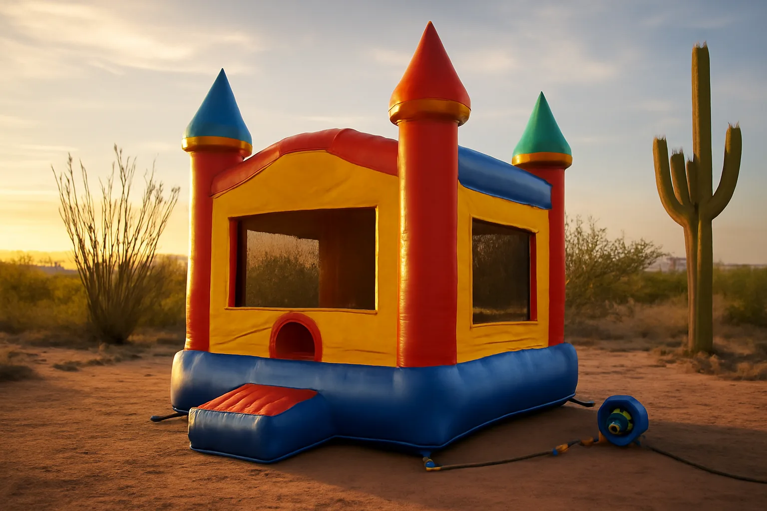 Commercial bounce house in Arizona backyard with desert landscaping and anchored stakes visible