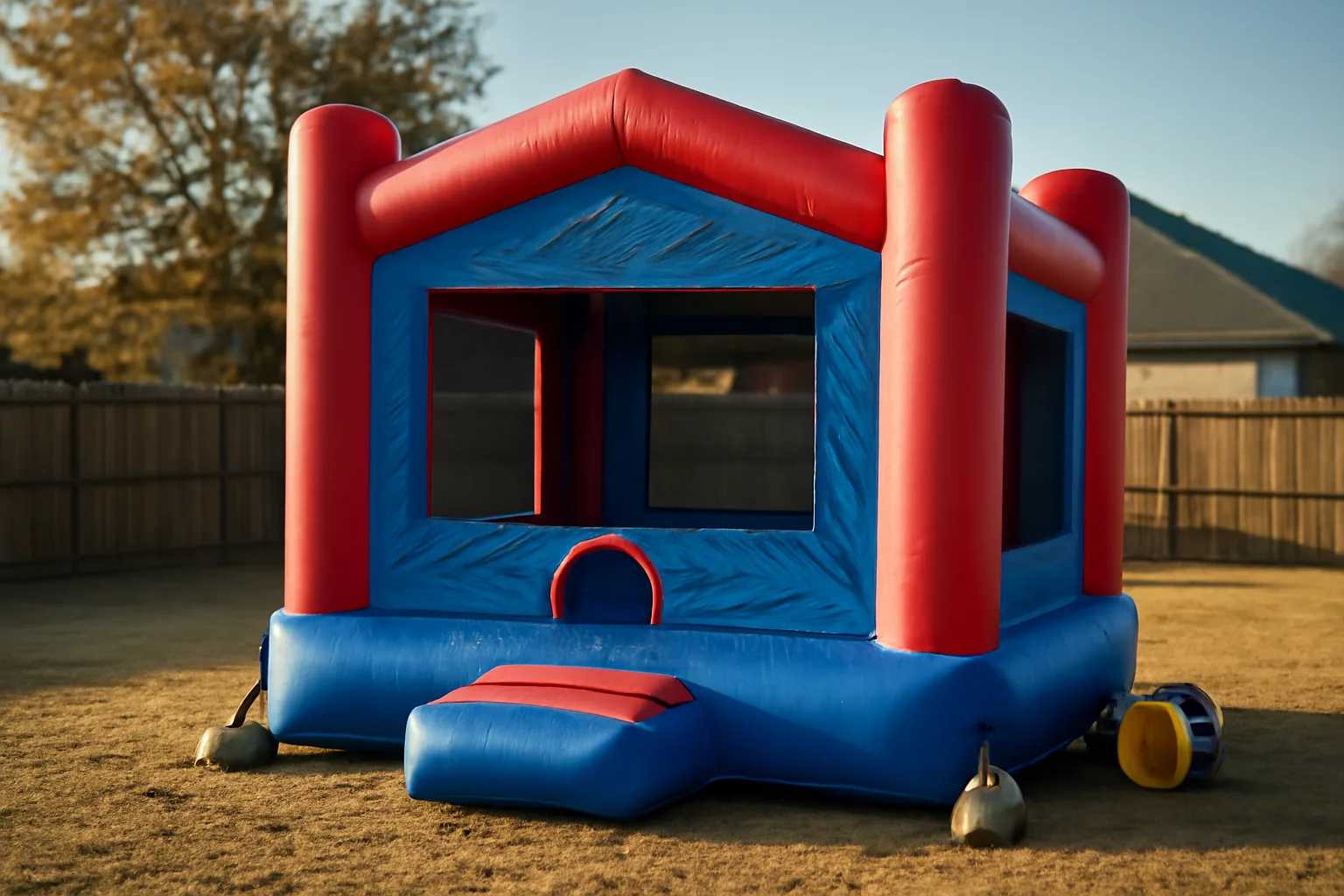 Commercial bounce house staked in Arkansas backyard with blower and sandbag anchors